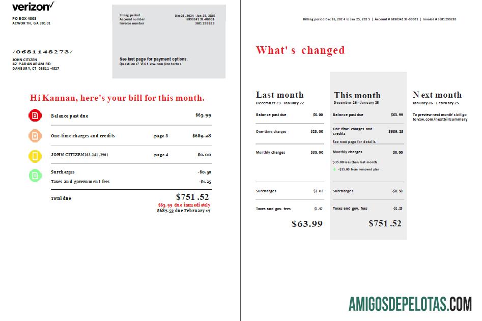 para download Modelo de fatura de serviços públicos da Verizon dos EUA em formatos Word e PDF, 2 páginas